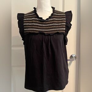 NWT J.Crew Ruffle Sleeve Smocked Contrast Stitch Top | Black, Brown& Beige | Med